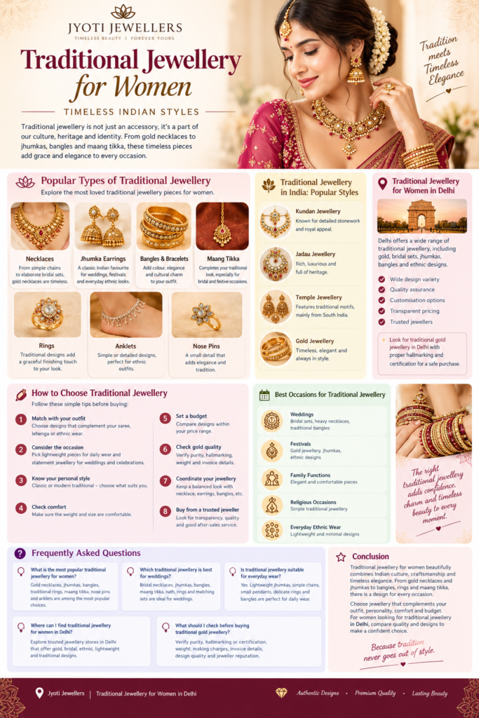 Traditional jewellery for women featuring gold necklace, jhumka earrings, bangles, rings, maang tikka and Indian jewellery designs